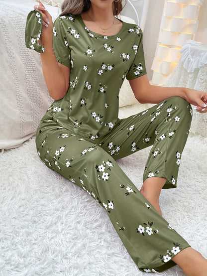 Luxurious Floral Print Pajama Set - Soft & Loose Fit for Women - Short Sleeve Tee & Pants - Comfy Sleepwear & Loungewear for Effortless Style