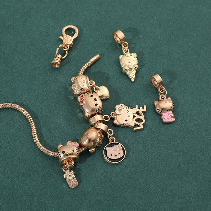 1pc Adorable Golden Hello Kitty Charm Bracelet - Kawaii Sanrio Anime Figure Beads Pendant Hand Chain Fashion Women's Bangle Accessories for Party Favors, Anime Lovers, and Collectors
