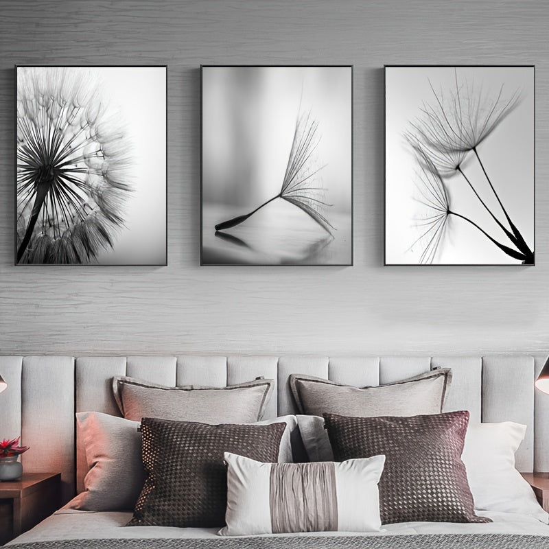 3pcs Black White Dandelion Flower Wall Poster, Wall Canvas, Canvas Painting, 15.7*23.6in Frameless