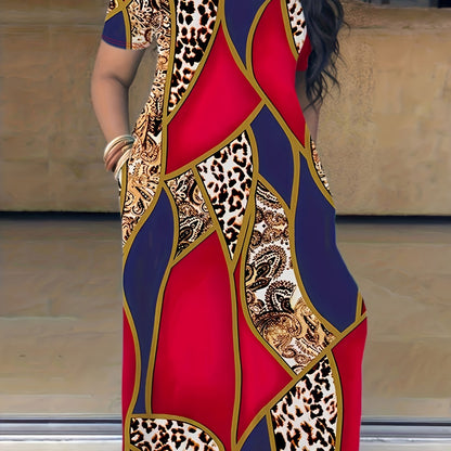 Elegant Plus Size Tie Dye Print Maxi Dress - Short Sleeve with Pocket - Medium Stretch Long Dress for Women