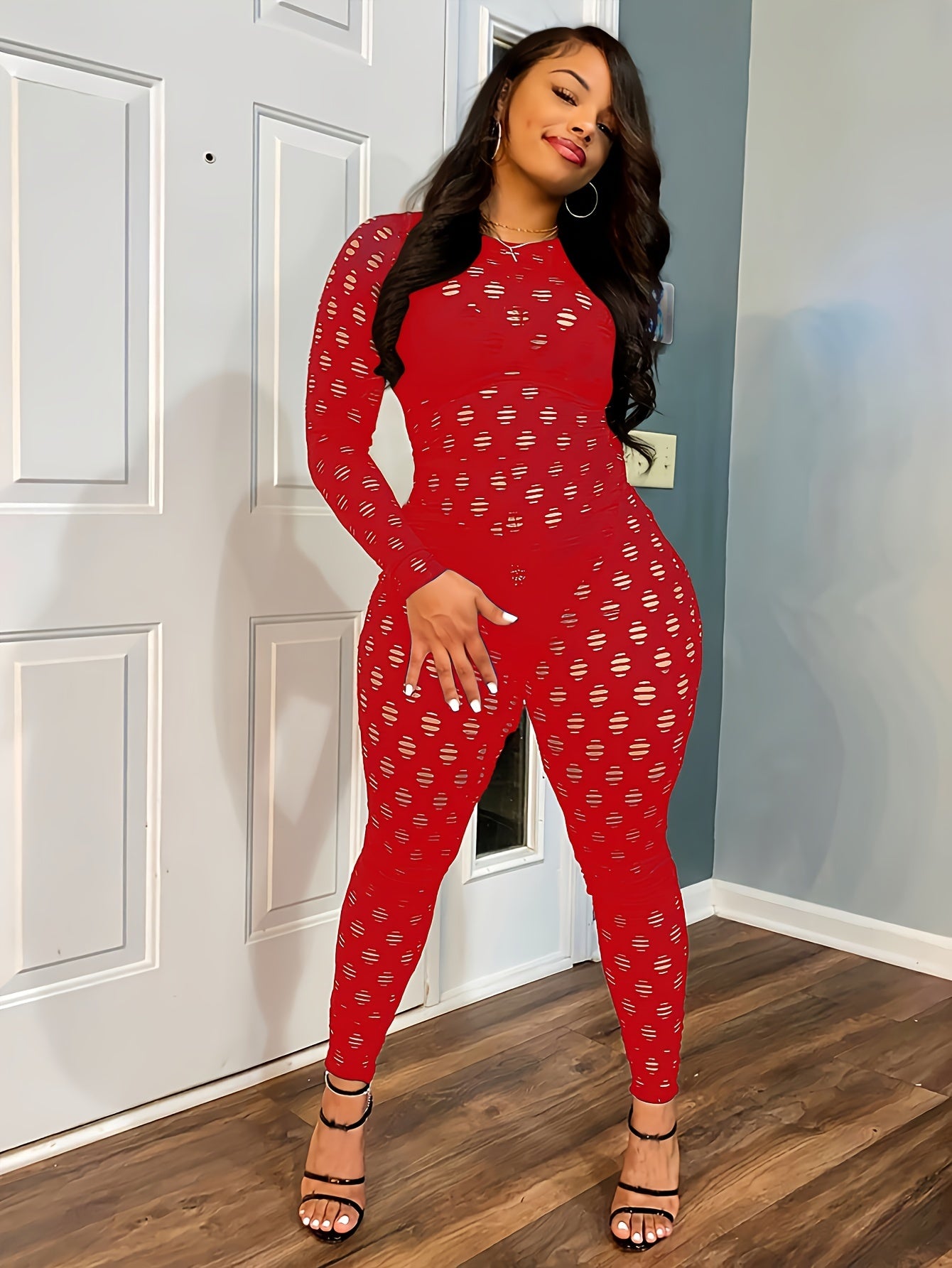 Hollow Zip Back Jumpsuit, Sexy Bodycon Long Sleeve Long Length Jumpsuit For Fall & Winter, Women's Clothing