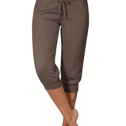 Womens Solid Elastic Capri Pants - Comfortable Casual Style - Cropped Everyday Wear for Effortless Fashion