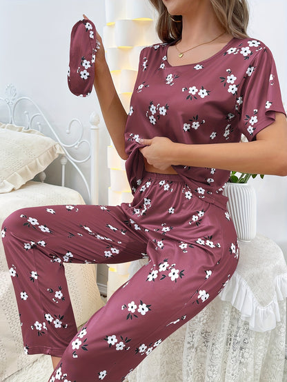 Luxurious Floral Print Pajama Set - Soft & Loose Fit for Women - Short Sleeve Tee & Pants - Comfy Sleepwear & Loungewear for Effortless Style