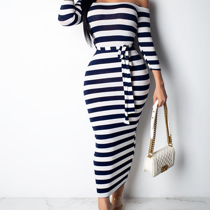 Off Shoulder Striped Dress, Stretchy Long Sleeve Dress, Casual Every Day Dress, Women's Clothing