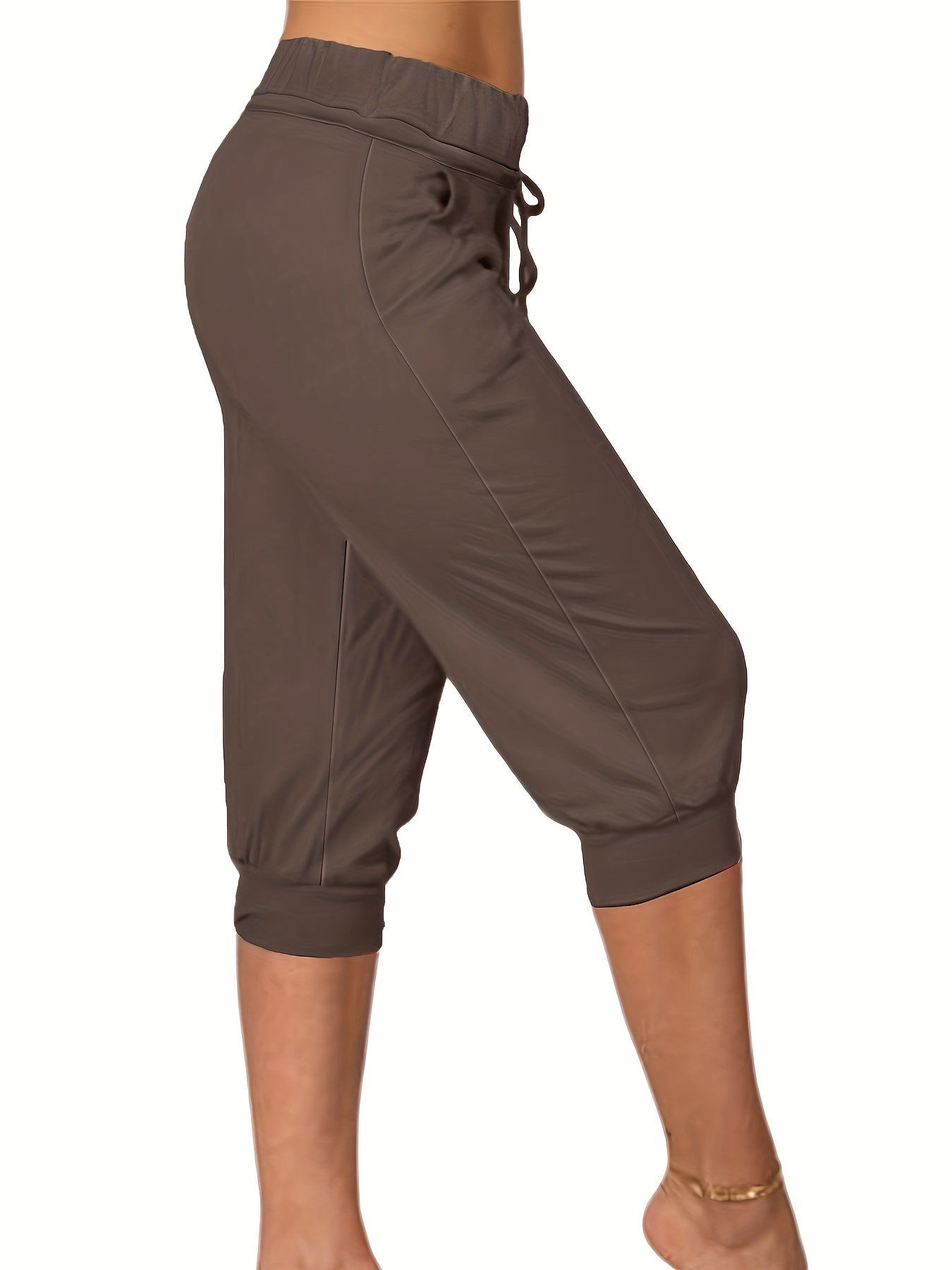 Womens Solid Elastic Capri Pants - Comfortable Casual Style - Cropped Everyday Wear for Effortless Fashion