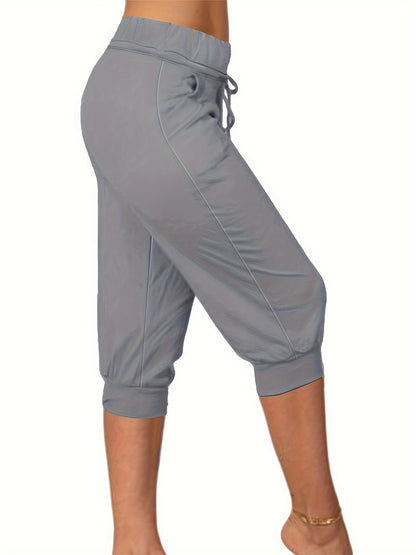 Womens Solid Elastic Capri Pants - Comfortable Casual Style - Cropped Everyday Wear for Effortless Fashion