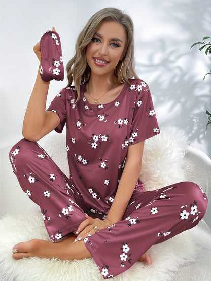 Luxurious Floral Print Pajama Set - Soft & Loose Fit for Women - Short Sleeve Tee & Pants - Comfy Sleepwear & Loungewear for Effortless Style