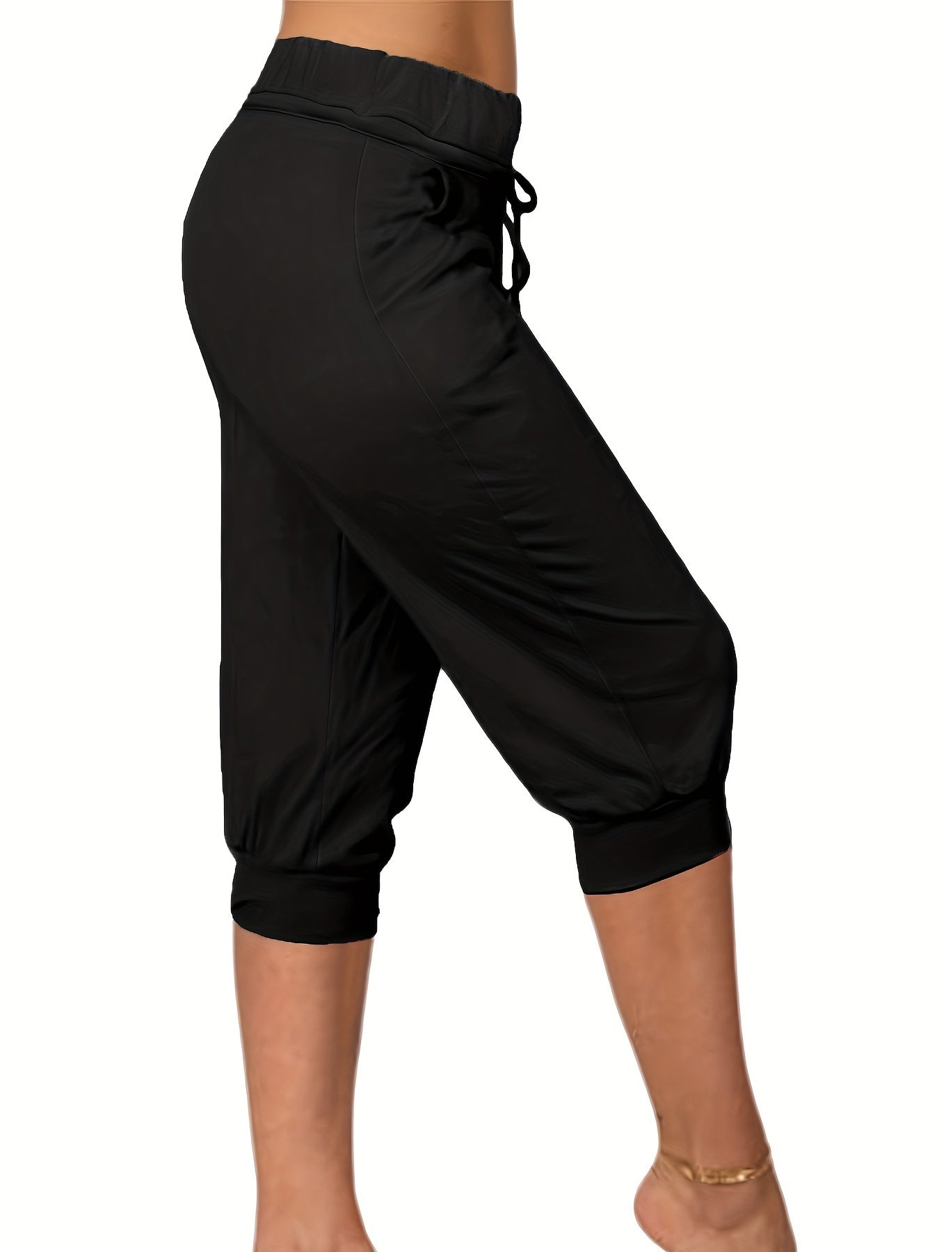 Womens Solid Elastic Capri Pants - Comfortable Casual Style - Cropped Everyday Wear for Effortless Fashion
