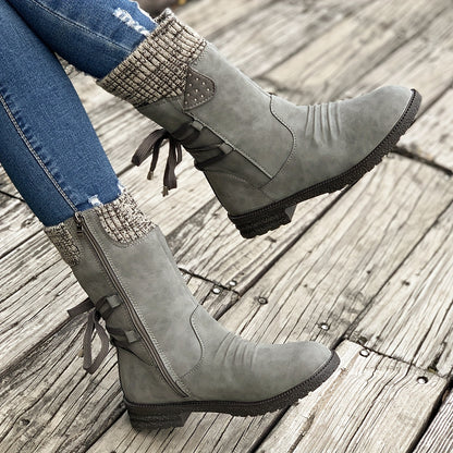 Women's Retro Black Chelsea Boots with Chunky Heel - Lace-Up & Side Zipper, Knit Cover Patchwork Design, Comfortable Fabric Lining, Casual Low Heel Ankle Boots for All Occasions