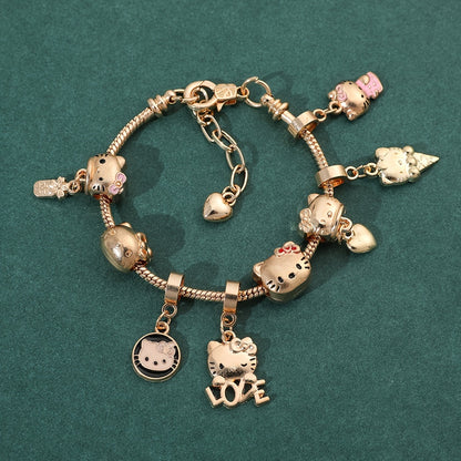 1pc Adorable Golden Hello Kitty Charm Bracelet - Kawaii Sanrio Anime Figure Beads Pendant Hand Chain Fashion Women's Bangle Accessories for Party Favors, Anime Lovers, and Collectors