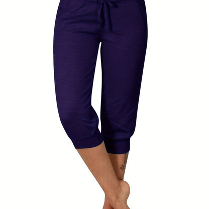 Womens Solid Elastic Capri Pants - Comfortable Casual Style - Cropped Everyday Wear for Effortless Fashion