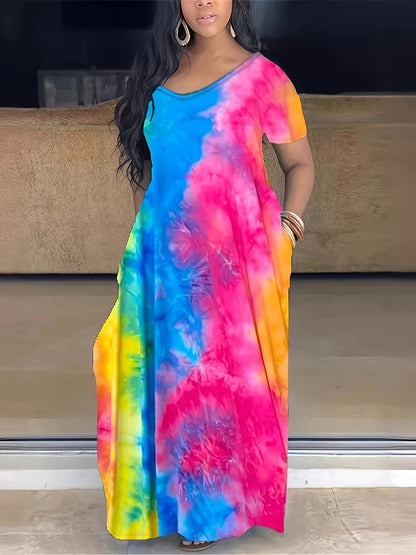 Elegant Plus Size Tie Dye Print Maxi Dress - Short Sleeve with Pocket - Medium Stretch Long Dress for Women