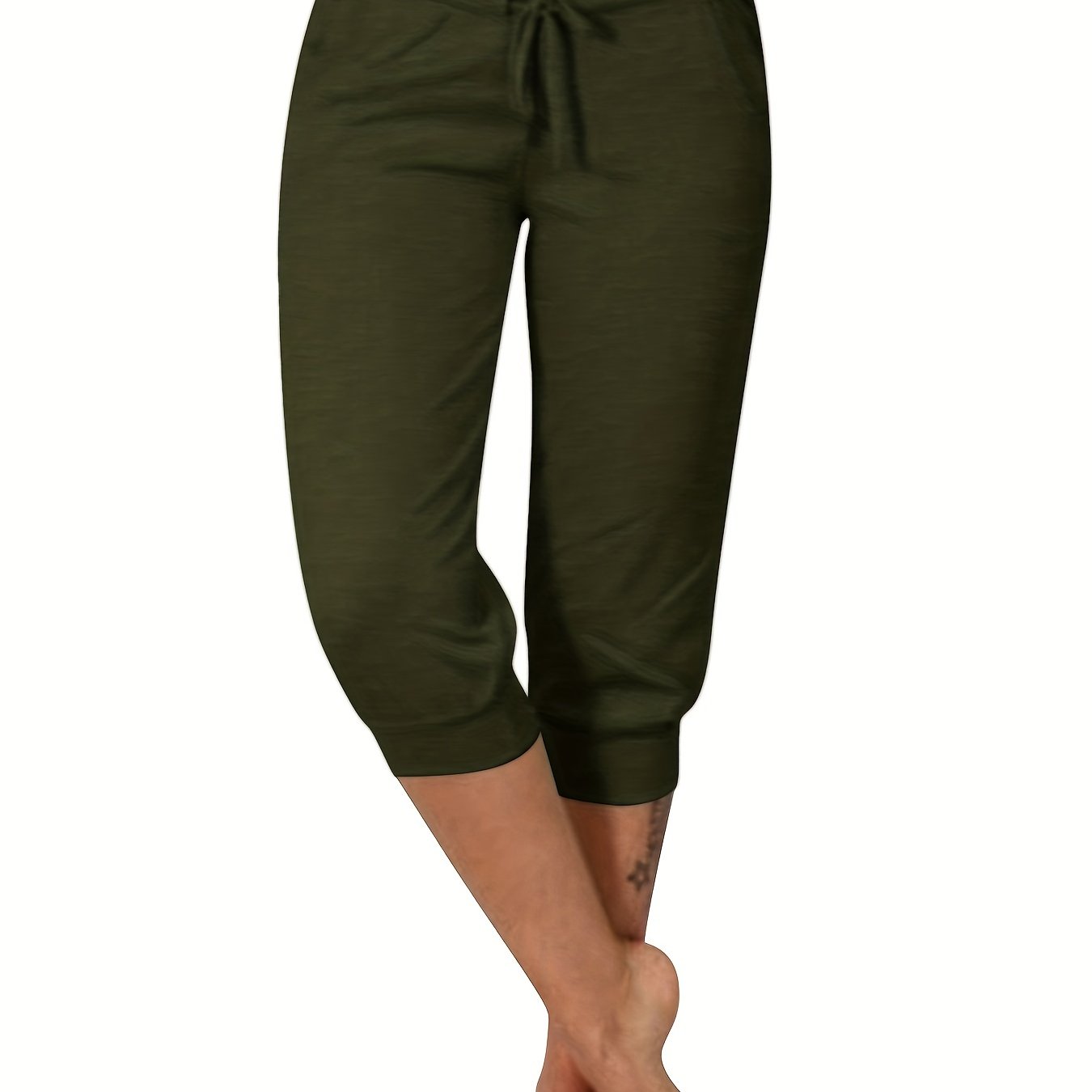 Womens Solid Elastic Capri Pants - Comfortable Casual Style - Cropped Everyday Wear for Effortless Fashion
