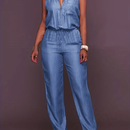 Chic Sleeveless Denim Jumpsuit with Zipper Front & Elastic Waist - Fashionable Bloomer Legs Overalls for Women - Durable & Comfortable Casual Wear