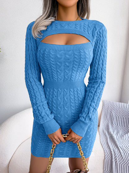Elegant Keyhole Winter Bodycon - Long Sleeve, High Stretch, Ribbed Knit Women's Pencil Dress