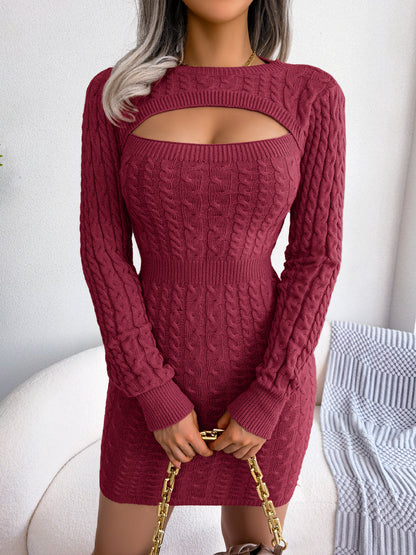 Elegant Keyhole Winter Bodycon - Long Sleeve, High Stretch, Ribbed Knit Women's Pencil Dress