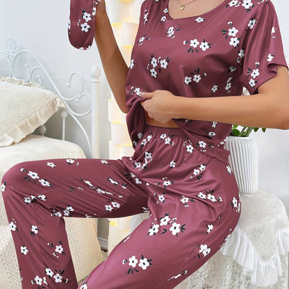 Luxurious Floral Print Pajama Set - Soft & Loose Fit for Women - Short Sleeve Tee & Pants - Comfy Sleepwear & Loungewear for Effortless Style