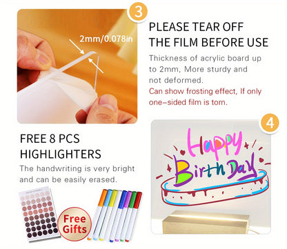 XD-TOPQC Acrylic LED Light Up Dry Erase Board with Stand, USB Powered Tabletop Memo Notepad, Clear Desktop Message Board for Daily Reminder, Planning, and Creative Use - Kawaii Room Decor, Small Notepad