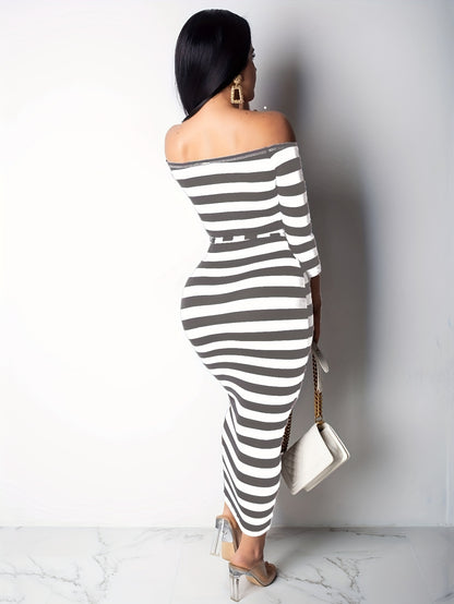 Off Shoulder Striped Dress, Stretchy Long Sleeve Dress, Casual Every Day Dress, Women's Clothing
