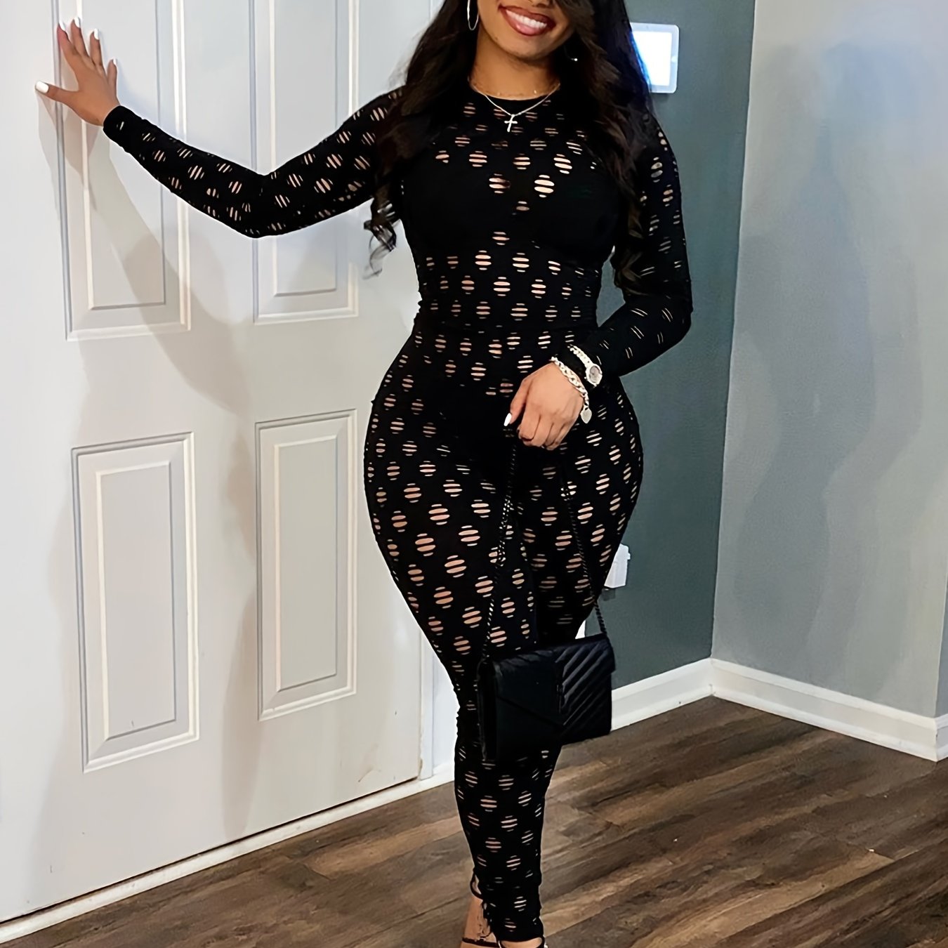 Hollow Zip Back Jumpsuit, Sexy Bodycon Long Sleeve Long Length Jumpsuit For Fall & Winter, Women's Clothing