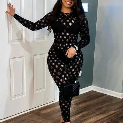 Hollow Zip Back Jumpsuit, Sexy Bodycon Long Sleeve Long Length Jumpsuit For Fall & Winter, Women's Clothing