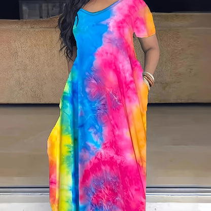 Elegant Plus Size Tie Dye Print Maxi Dress - Short Sleeve with Pocket - Medium Stretch Long Dress for Women