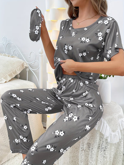 Luxurious Floral Print Pajama Set - Soft & Loose Fit for Women - Short Sleeve Tee & Pants - Comfy Sleepwear & Loungewear for Effortless Style