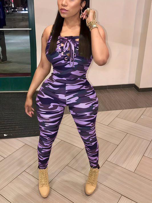 Sexy Hollow-Details Jumpsuit: Leopard & Camo Print, Mid-Elastic, Knit Fabric - Stylish, Durable for Spring/Fall