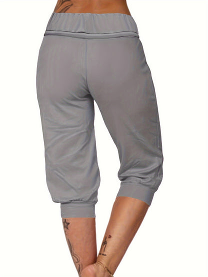 Womens Solid Elastic Capri Pants - Comfortable Casual Style - Cropped Everyday Wear for Effortless Fashion