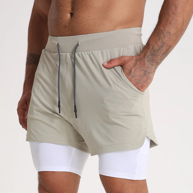 Gym Clothing Men Quick Dry 2 in 1 Gym Shorts Men Polyester Spandex Breathable Shorts Men Liner Running Fitness Shorts