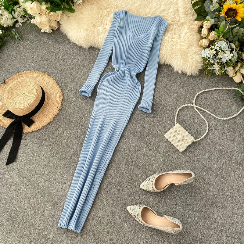 SINGREINY Women Autumn Knitted Dress V Neck Sexy Slim Elastic Oversized Basic Bodycon Sweater Dress Winter knit Warm Long Dress