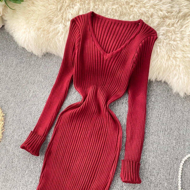 SINGREINY Women Autumn Knitted Dress V Neck Sexy Slim Elastic Oversized Basic Bodycon Sweater Dress Winter knit Warm Long Dress