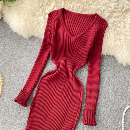 SINGREINY Women Autumn Knitted Dress V Neck Sexy Slim Elastic Oversized Basic Bodycon Sweater Dress Winter knit Warm Long Dress