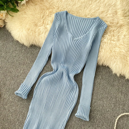 SINGREINY Women Autumn Knitted Dress V Neck Sexy Slim Elastic Oversized Basic Bodycon Sweater Dress Winter knit Warm Long Dress
