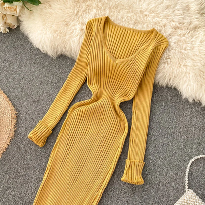 SINGREINY Women Autumn Knitted Dress V Neck Sexy Slim Elastic Oversized Basic Bodycon Sweater Dress Winter knit Warm Long Dress