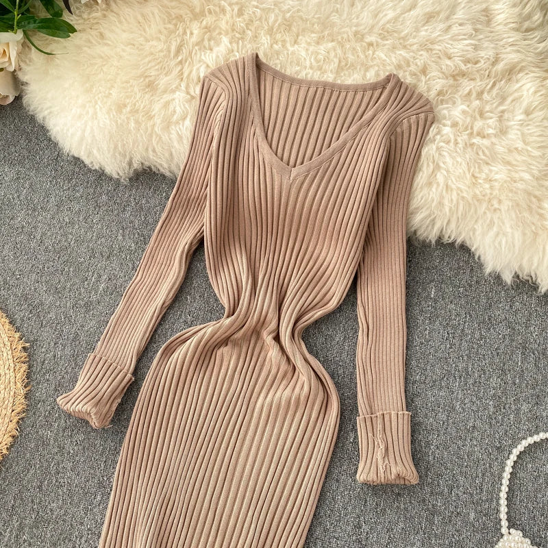 SINGREINY Women Autumn Knitted Dress V Neck Sexy Slim Elastic Oversized Basic Bodycon Sweater Dress Winter knit Warm Long Dress