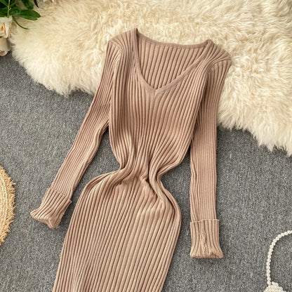 SINGREINY Women Autumn Knitted Dress V Neck Sexy Slim Elastic Oversized Basic Bodycon Sweater Dress Winter knit Warm Long Dress