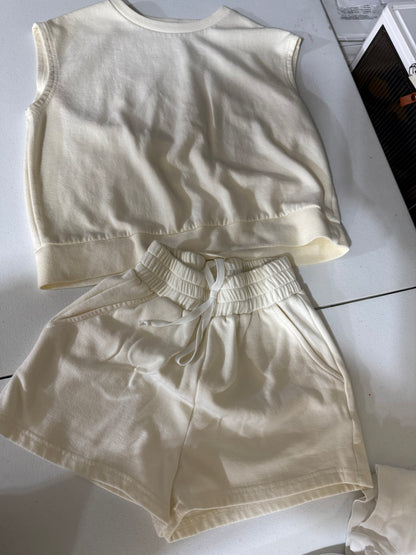 Cream Sleeveless Crop Top & Drawstring Shorts Set – Size Small