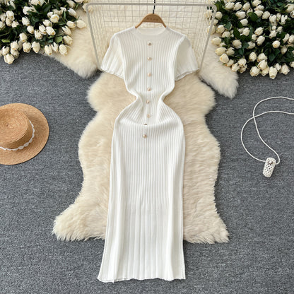 Dresses Women Summer Knitting Long Dress Single Breasted Round Collar Short Sleeve Sexy Bodycon Office Lady Knit Vestidos