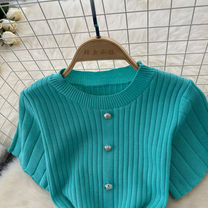 Dresses Women Summer Knitting Long Dress Single Breasted Round Collar Short Sleeve Sexy Bodycon Office Lady Knit Vestidos