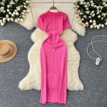 Dresses Women Summer Knitting Long Dress Single Breasted Round Collar Short Sleeve Sexy Bodycon Office Lady Knit Vestidos