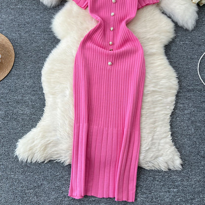 Dresses Women Summer Knitting Long Dress Single Breasted Round Collar Short Sleeve Sexy Bodycon Office Lady Knit Vestidos