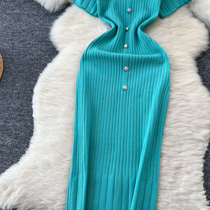 Dresses Women Summer Knitting Long Dress Single Breasted Round Collar Short Sleeve Sexy Bodycon Office Lady Knit Vestidos