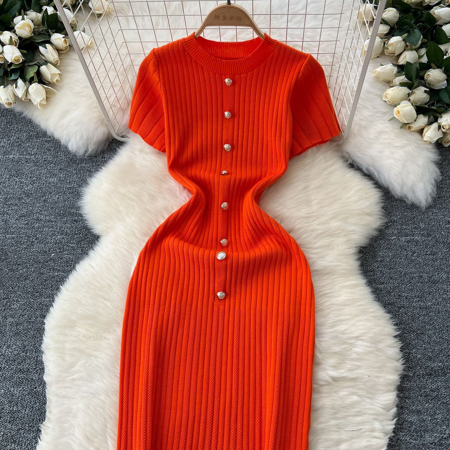 Dresses Women Summer Knitting Long Dress Single Breasted Round Collar Short Sleeve Sexy Bodycon Office Lady Knit Vestidos