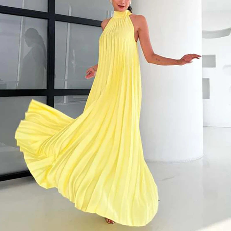 2025 Sexy Sleeveless High Waist Party Dress Spring Summer Half High Neck Loose Women Dress Casual Multi-color Pleated Long Dress