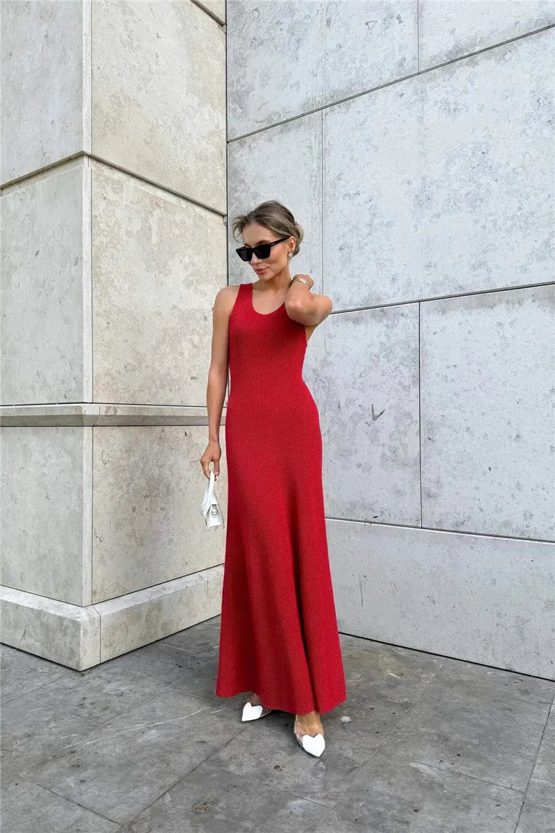 Talenza Summer Knit Long Dress Solid Sleeveless Casual High Waist Halter Long Dress Knit Backless Office Lady Women's Dress 2025