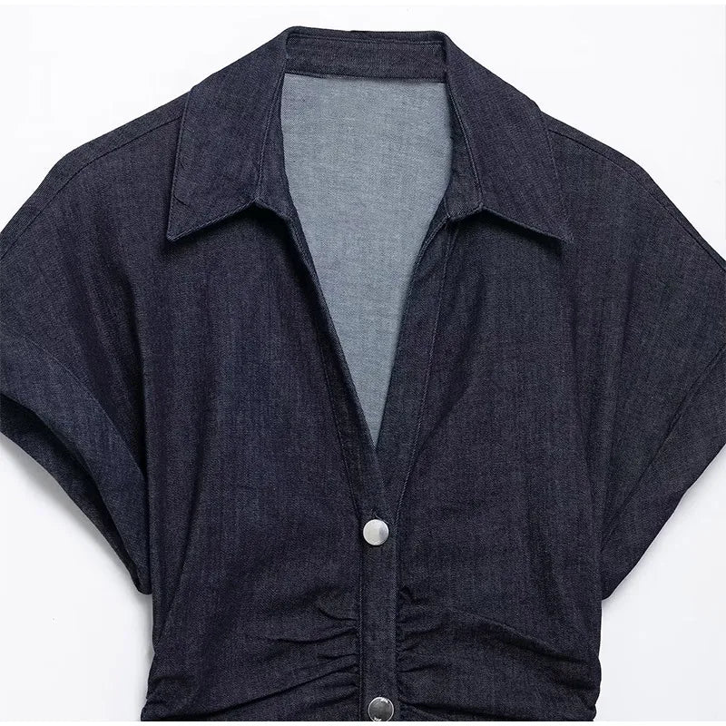 Women Denim V-neck Short Sleeved Long Dress Chic Slim Fit Single Breast Slit Vestidos New High Street Casual Solid Commuter Gown