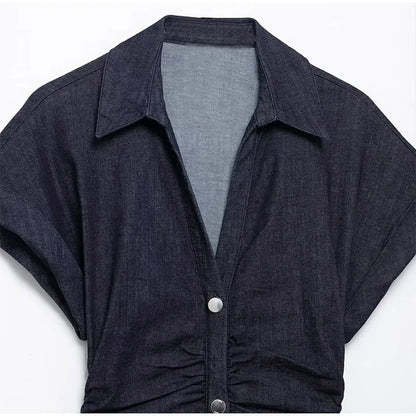 Women Denim V-neck Short Sleeved Long Dress Chic Slim Fit Single Breast Slit Vestidos New High Street Casual Solid Commuter Gown