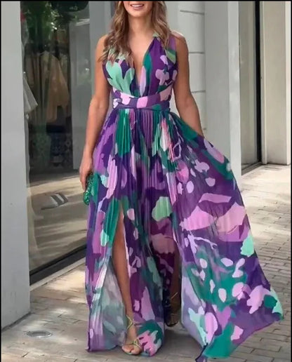 New Women's Long Dress V-neck Sleeveless Pleated Printed Slit Dress Elegant And Fashionable Style Elegant Beach Floral Dress
