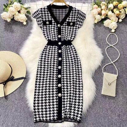 YuooMuoo Brand Fashion Houndstooth Knitted Long Dress 2024 Summer Fashion Vintage Elegant Office Lady Wrap Hips Bodycon Dress